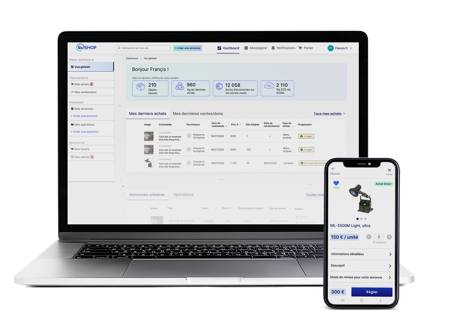 Interface ReSHOP sur PC et Mobile